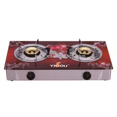 China Hotel Tempered Glass 2-Burner Table Gas Cooktop With Brass Flame Cover for sale