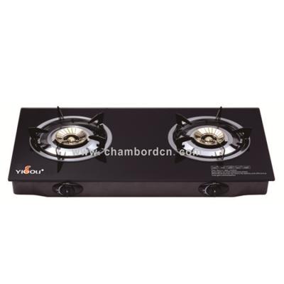 China Hotel Household Tempered Glass Table Gas Cooktop With Cast Iron Flame Brass Burner for sale