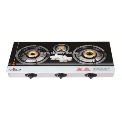 China YG-B9007 Hotel Table Cast Iron 3 Burner Gas Stove With Cap Tempered Glass And Stainless Steel Brass Gas Cooker for sale