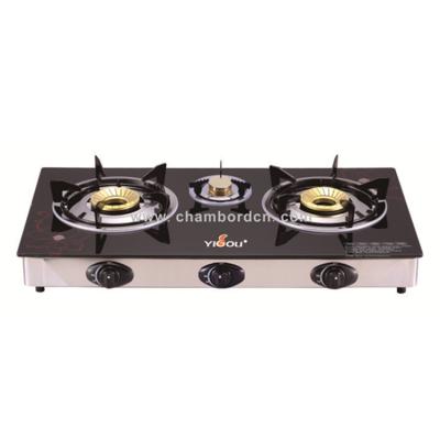 China YG-B9008 Hotel Tabletop 3 Burner Gas Stove Tempered Glass Top And Stainless Steel Frame for sale