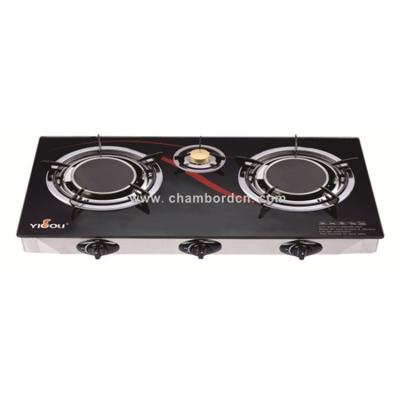 China Hotel Tempered Glass Cast Iron 3 Burner With Cap Stainless Steel Table Gas Cooker Brass Cook Top for sale