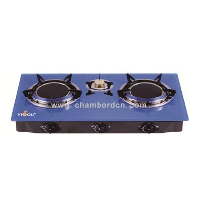 China Hotel Tempered Glass Cast Iron 3 Burner With Cap Stainless Steel Table Gas Cooker Brass Cook Top for sale