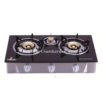 China Hotel Tempered Glass Cast Iron 3 Burner With Cap Stainless Steel Table Gas Cooker Brass Cook Top for sale