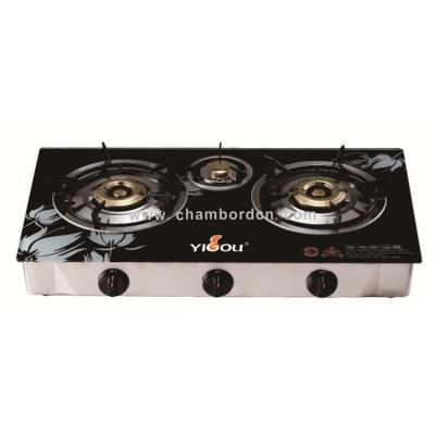 China Hotel Tempered Glass Cast Iron 3 Burner With Cap Stainless Steel Table Gas Cooker Brass Cook Top for sale