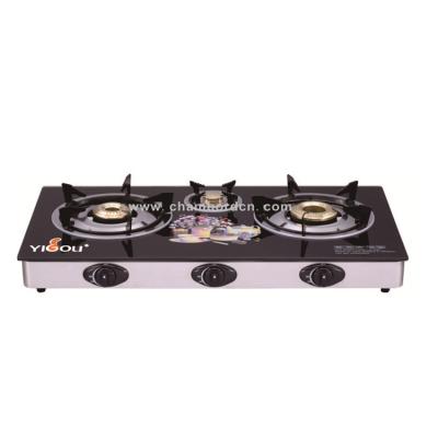 China Hotel Tempered Glass Cast Iron 3 Burner With Brass Stainless Steel Table Gas Cooker Gas Cook Top for sale