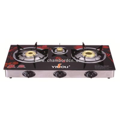 China Hotel Tempered Glass Cast Iron 3 Burner With Brass Stainless Steel Table Gas Cooker Gas Cook Top for sale