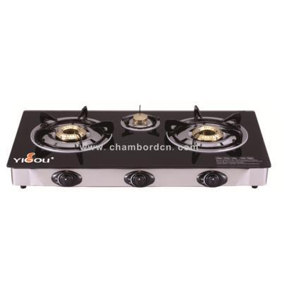 China Hotel Tempered Glass Cast Iron 3 Burner With Brass Stainless Steel Table Gas Cooker Gas Cook Top for sale