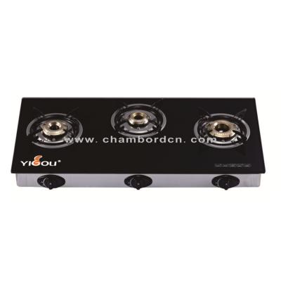 China Hotel Competetive Price Tempered Glass 3 Burner With Cast Iron Table Gas Cooker Gas Stove for sale