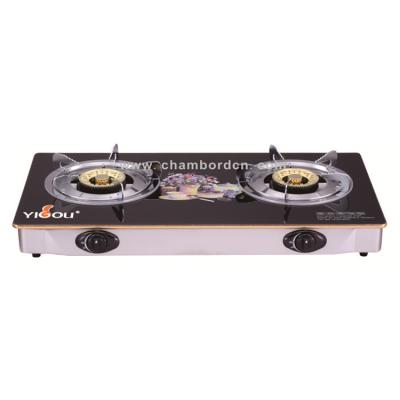 China Hotel Tempered Glass Cast Iron 2 Burner With Brass Burner Stainless Steel Table Gas Cooker Gas Cook Top for sale