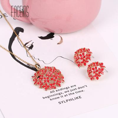 China TRENDY FACEINS Red Flower Earrings Necklace Set Women Flower Ball Rhinestone Jewelry Set Gold Plated Trendy Bridal Jewelry Set for sale