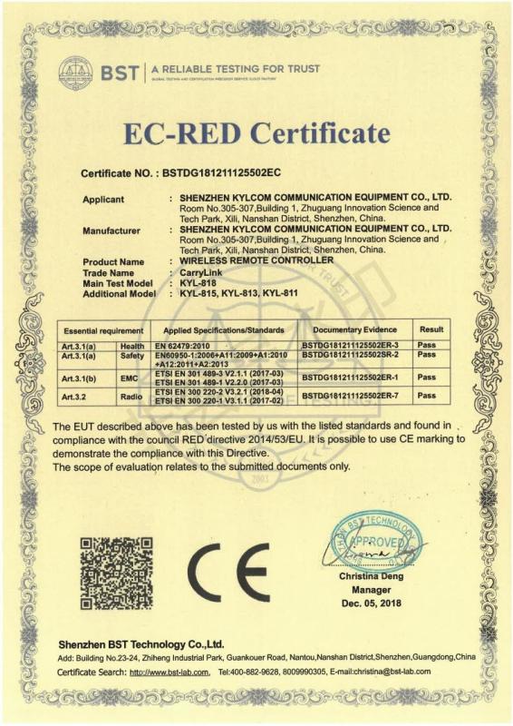 EC-RET Certificate - Shenzhen KYL Communication Equipment Co.,Ltd