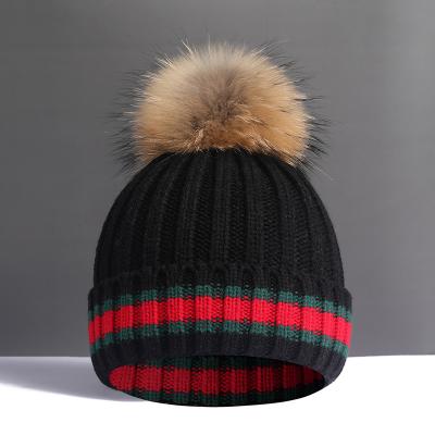 China Large real raccoon autumn and winter plush wool ball woolen woolen ball super hat women's fur hat thickened soft warm knitting hat for sale