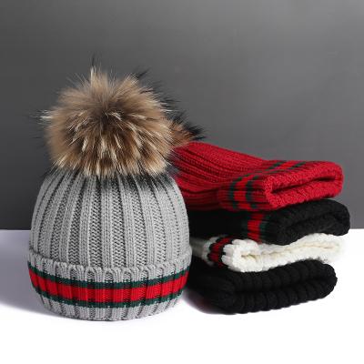 China Large real raccoon autumn and winter plush wool ball woolen woolen ball super hat women's fur hat thickened soft warm knitting hat for sale