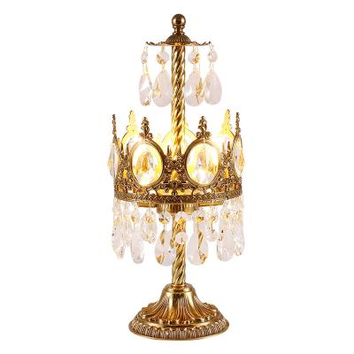 China European Royal Copper Crown Light Crystal Antique Brass Deco Gold Bedside Table Lamps Decorative Lights for sale