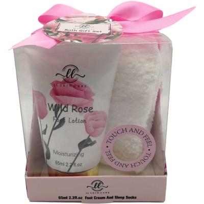 China Luxury Moisturizer Paper Box Relaxing Rose Foot Lotion Socks Foot Bath Gift Set Bath Set Promotion for sale