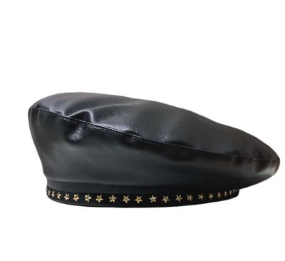 China Wholesale Casual Leather French Beret Hat Fashion Girl Fashion Beret Black Star Black Star British Leather Beret for sale