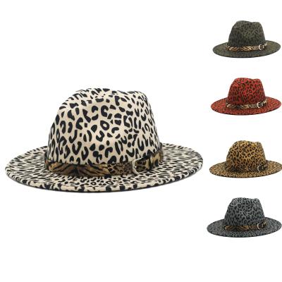 China Stylish Sombrero De Fieltro Wool Felt Fedora Hat Wide Brim Fedora Women Men Jazz Leopard Print Fedora Hat Men for sale