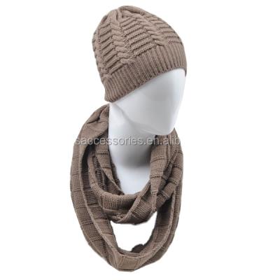 China Women Long Fashion Winter Hat And Scarf Brown Knitted Winter Hat And Scarf Set Hat Scarf for sale