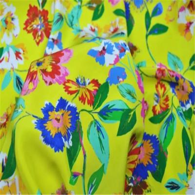 China Organic Beautiful Floral Printing Bright Yellow Color Elegant Pure Silk CDC Fabric for Girl Charming Dresses for sale