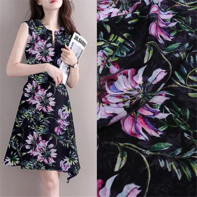 China Organic Factory Wholesale Deep Color Floral Printed Pure Silk Crepe De Chine Fabric for Lady Party Evening Dress for sale