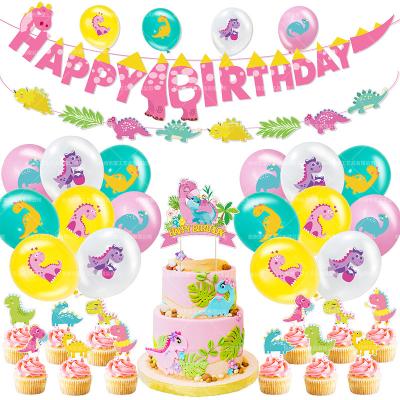 China Pink DIY Dinosaur Theme Girl Birthday Party Decoration Set Dinosaur Birthday Flag Banner Latex Balloon Cake Toppers Decoration for sale