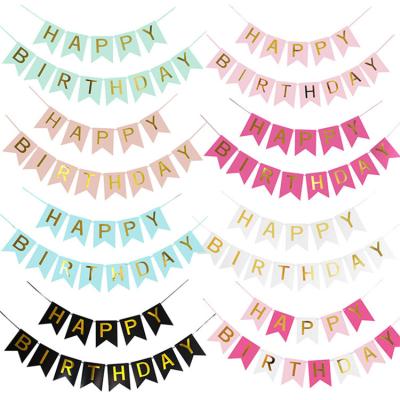 China Eco-friendly Materials 15*12cm Happy Birthday Hanging Paper Banner Bronzing Letter Flag Kids Birthday Party Fishtail Decoration for sale