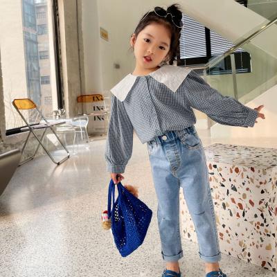 China Kids Girl Spring Top Soft Collar Sailor Base Anti-Shrink Long Sleeve Blue Paid Girls Blouse for sale