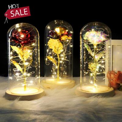 China Artificial Natural Touch Valentine's Day Gifts Enchanted Rose Gold Led Lamp 24k Gold Foil In Glass Dome Decorative Flowers With Lights for sale