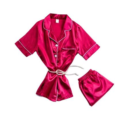 China Women_s QUICK DRY Silk Pajamas Short Sleeve Cardigan Lapel Home Service Short Nightgown for sale