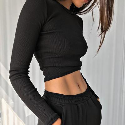 China Slim Fit Anti-Wrinkle Round Neck Tee Basic Crop Tops Long Sleeve Plain Women T-shirt Ladies T-shirt Black White for sale