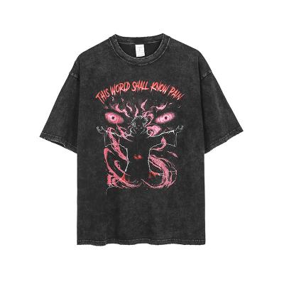 China Unisex Anti-Wrinkle Hip Pop Anime Printed Acid Wash Heavyweight Streetwear T-shirt Black 100% Cotton Vintage T-shirt for sale