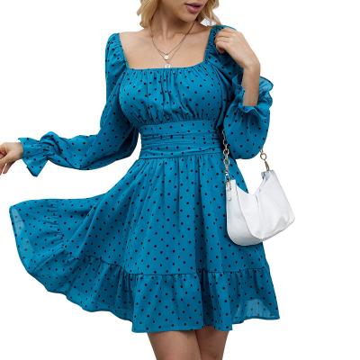 China Long Sleeve Flare Sleeve Vintage Anti-Static Polka Dot Printed Chiffon Summer Trending Crochet Ladies Long Dress for sale