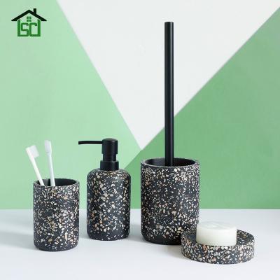 China Durable Black Poly Terrazzo Soap Dispenser Dish Tumbler Toilet Brush Holder Resin Bathroom Accessories for sale