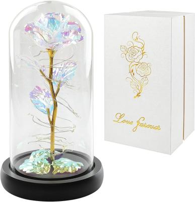 China Colorful Artificial Flower Rose Gift Led Light String Women Gift Birthday Gifts On Last Forever Colorful Flower In Aet Glass Dome for sale