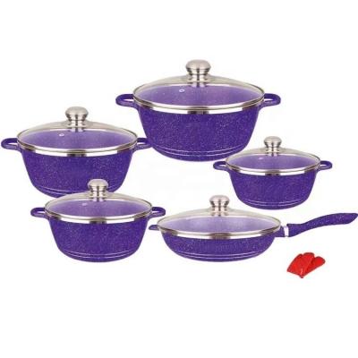 China Sustainable Luxury Purple 12pcs Die Cast Aluminum Marble Coating Nonstick Cookware Set Kitchen Cookware Sets for sale