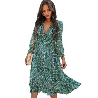 China 2021 Elegant Women's Casual Ladies Dress Floral Print Anti-wrinkle V-Neck Chiffon Boho Dress Ladies Dress for sale