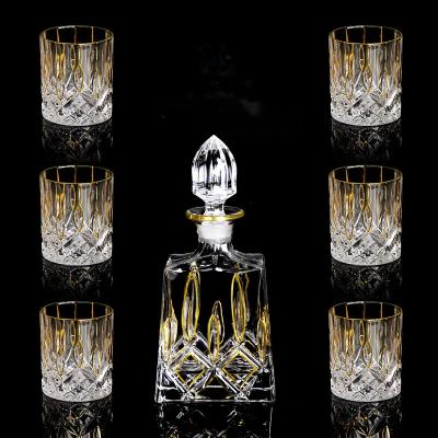 China Viable Old Fashioned Whiskey Glasses With Gold Handmade Rim Luxury Whiskey Glass Wine Decanter Set Of 7 for sale