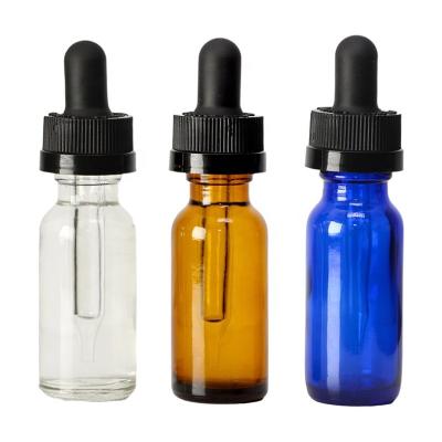 China Cosmetic Maker 15ml 1/2 oz Boston Round Bottle Clear Blue Amber Glass Black Amber Bottle With Child Safe Dropper Cap for sale