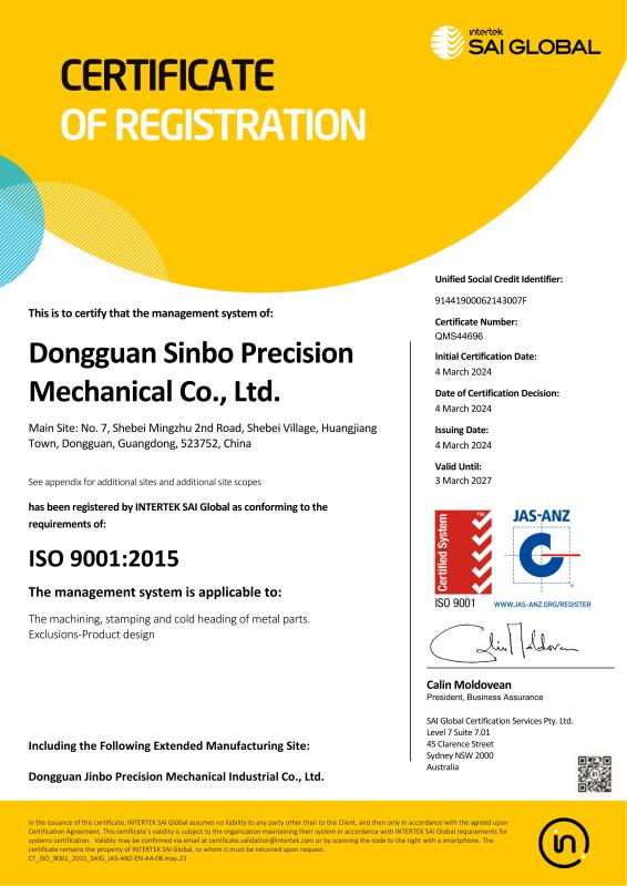 ISO 9001:2015 - Sinbo Precision Mechanical Co., Ltd.