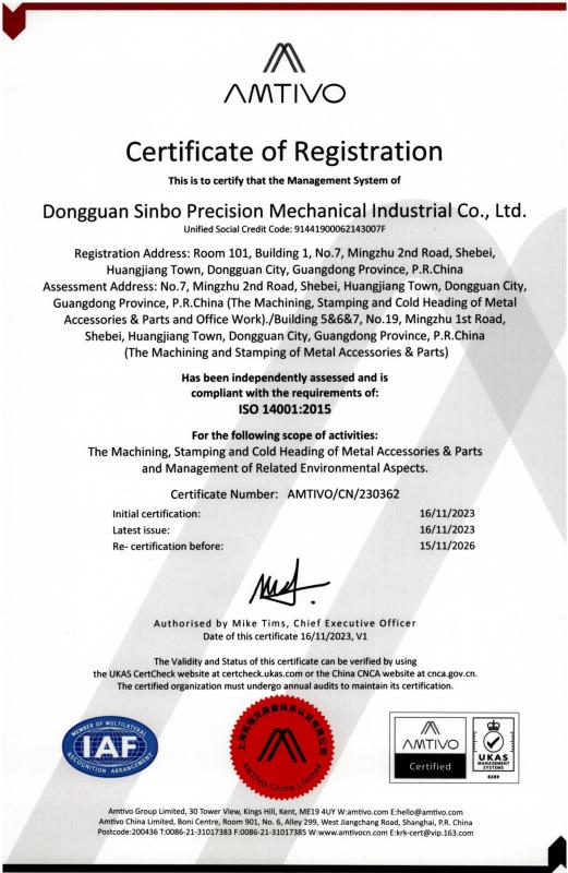 ISO 14001:2015 - Sinbo Precision Mechanical Co., Ltd.