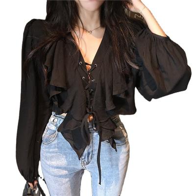 China INS Anti-Static Ruffle Cross Tie Short Shoulder Padded Long Sleeved Blouse Women for sale