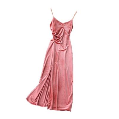 China Anti-wrinkle Polyester Plain Dyed Mini Pink Spaghetti Strap Dress V-Neck Strap Back Floral Skirt for sale