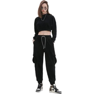 China Anti-wrinkle Drop Shoulder PC 2 PC 2 Cotton Fashion High Quality Cut And Sew Top Crop Hoodie Pullover Sweatshirt Set Two Piece for sale