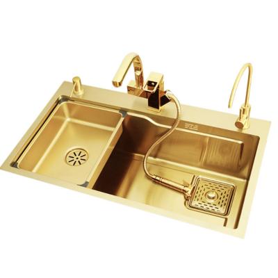 China Without Faucet Kitchen Sink 75x45cm 304 Gold Stainless Steel Sinks Above Counter Or Udermount Vegetable Washbasin Sinks With Faucet Drain for sale