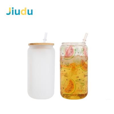 China Viable Heat Press Suitable For Vinyl Soda Coffee 12oz 16oz DIY Sublimation Glass Empty Beer Can With Bamboo Lid For DIY Printing for sale