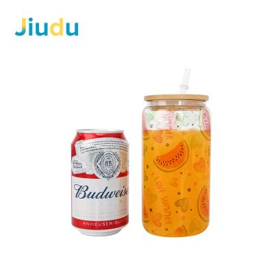 China Viable Tumbler Shaped Drinkware Sublimation Clear Glass Box 12oz 16oz DIY Sublimation Beer Can With Wooden Lid for sale