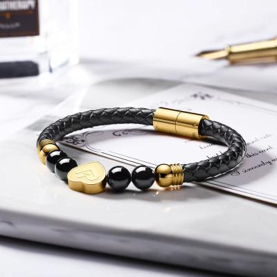 China 2022 CLASSIC Fashion High Quality Black Leather 2K18 Gold and Silver Round Black Agate Love Simplicity Stainless Steel Men Bracelet for sale