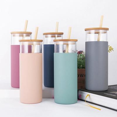 China [JT-GS480] Customized Viable Logo 480ml Wide Mouth Bamboo With Straw Glass Water Bottle Silicone Sleeve for sale