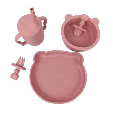 China American Style New food grade silicone baby tableware baby feed bowl cute bear dinner plate bowl drinking cup fork spoon set for home for sale