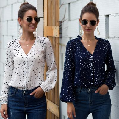 China Anti-wrinkle v-neck stars print long sleeve fashion women shirts OC27 for sale